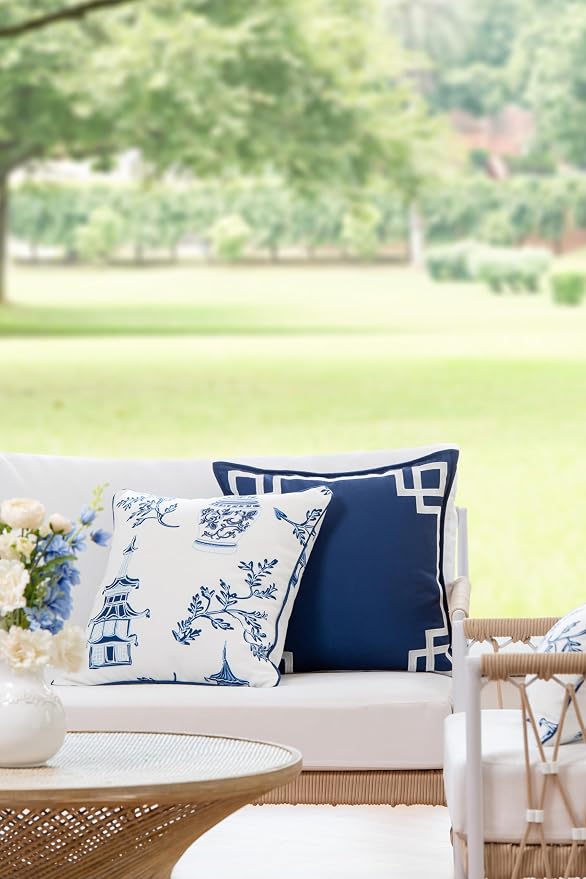 Hofdeco Premium Coastal Patio Indoor Outdoor Throw Pillow Cover Only, 20"x20" Water Repellent for Backyard, Couch, Navy Blue Chinoiserie with Piping (Pack of 2)