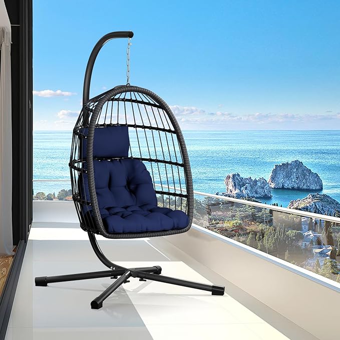 CHABATREE Egg Chair with Stand,Patio Rattan Wicker Hanging Swing Egg Chair Hammock Chair for Porch Garden,Thickened Aluminum Alloy Steel Frame and UV Resistant Cushion,350LBS Capacity(Dark Blue)