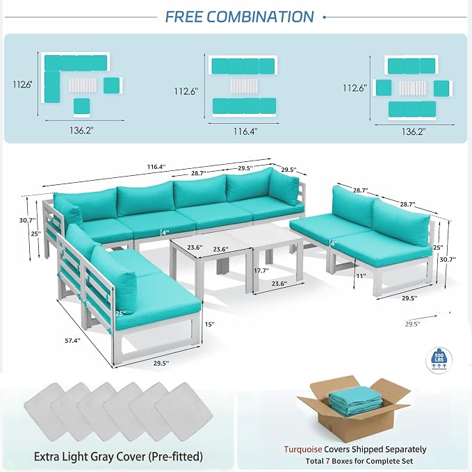 NICESOUL 10 Piece Oversized Modern Aluminum Patio Furniture Set, All Weather Rust Resistant Modular Sectional Sofa with Side Table, 500 lbs Heavy Duty Comfortable Outdoor Couch for Backyard Lawn, Teal