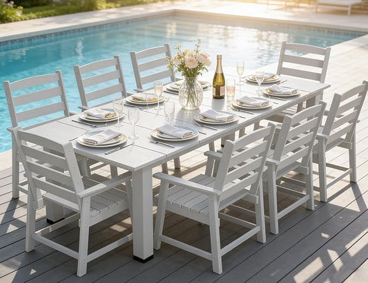 LOUNZY 9 Pieces Patio Dining Sets, 90'' Table Outdoor HDPE Furniture Set w/ 2" Hole Cut-Out Dining Table with 8 Patio Chairs for Lawn, Pool and Yard, White
