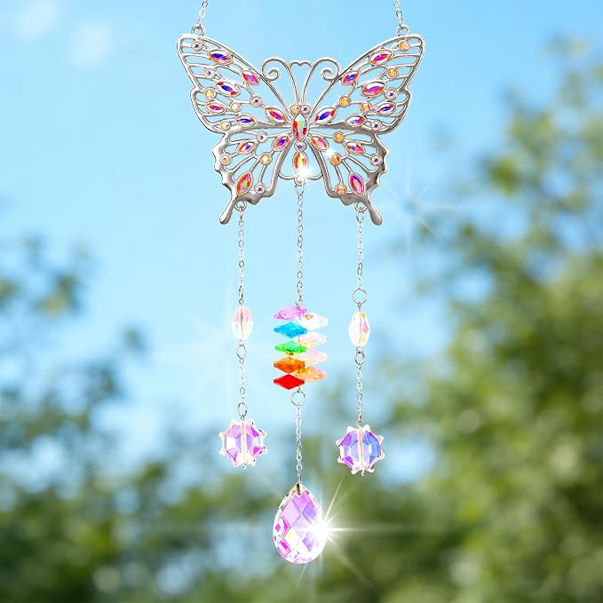 Butterfly Birthday Gifts for Women, Hanging Crystals Sun Catcher Prisms with Love Pendant for Window Room Garden Decor, Suncatcher Mothers Day Housewarming Gifts for Friends, Mom, Grandma, Wife