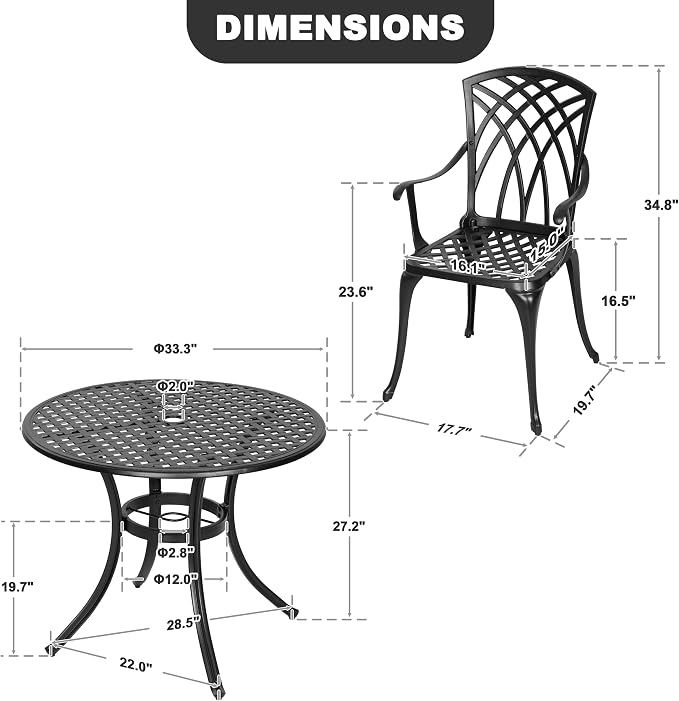 NUU GARDEN 5-Piece Outdoor Dining Set, 33" Cast Aluminum Dining Table with Umbrella Hole and 4 Cast Aluminum Chairs, Patio Table and Chair Set, Patio Dining Set for Poolside Deck Yard Balcony, Black