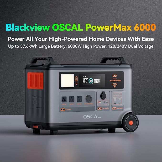 Powermax 6000W(9000W Peak) Portable Solar Power Station, 3600Wh LiFePO4 Battery, 1.6H Fast 2400W Solar Charging Generator for Camping, RV, Home Backup, Emergency