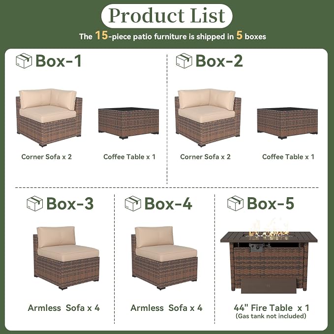 Aoxun 15 Piece Patio Furniture Set with 44” Fire Pit Table Wicker Rattan Outdoor Sectional Sofa Set with Coffee Table and Thickened Cushions, Beige