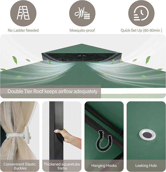 LAUSAINT HOME Patio Gazebo 10'x10', Outdoor Heavy Duty Party Tent Shelter with Double Roofs, Mosquito Nettings and Privacy Screens for Backyard, Garden, Lawn, Forest Green