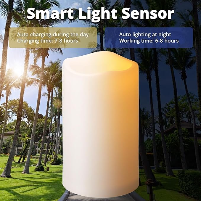 NURADA Large Outdoor Solar Candles Waterproof - 12" x 5" Rechargeable Solar Powered Flameless LED Pillar Flickering Candle for Patio Porch Lanterns Decor - Ivory White