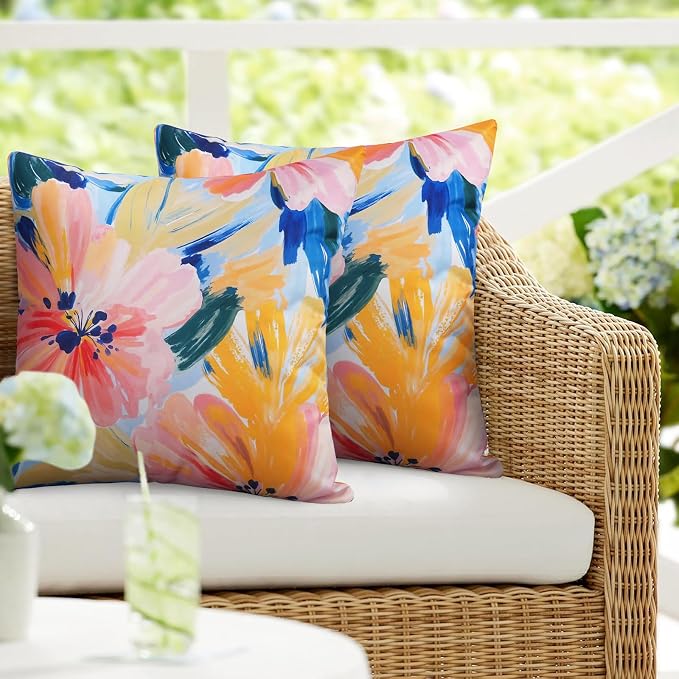 JASEN Waterproof Outdoor Throw Pillow Covers, Colorful Floral Decorative 18x18 Inch for Patio Furniture, Garden & Beach - Pack of 2