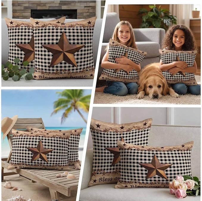 Outdoor Pillow Covers 18x18 Set of 2, Western Texas Star Vintage Waterproof Patio Throw Pillow Covers for Couch Sofa Chair, Rustic Wreath Wood Black Plaid Decorative Pillowcases for Throw Pillows