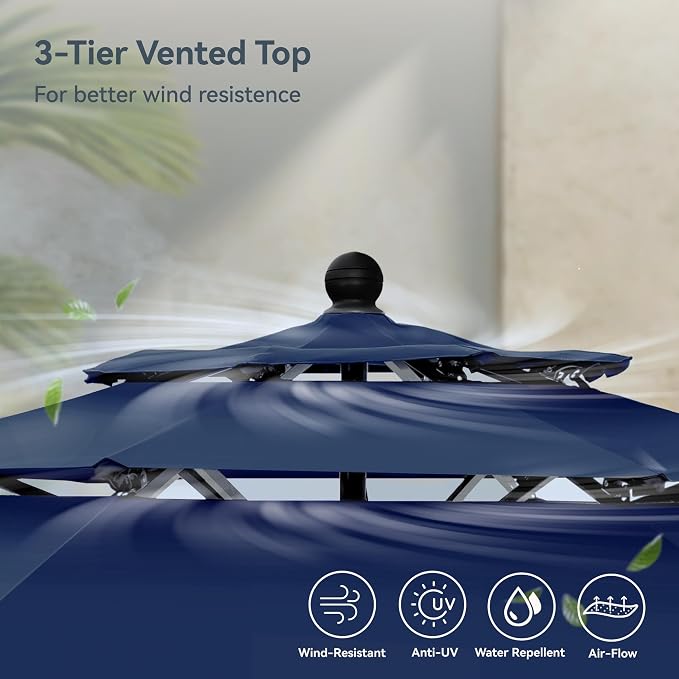 PHI VILLA Outdoor Dining Furniture Set with Umbrella, Patio Dining Set for 4 with Metal Outdoor Table and Chairs, Patio Table Set with Portable Folding Chairs & Navy Blue Umbrella (No Base)