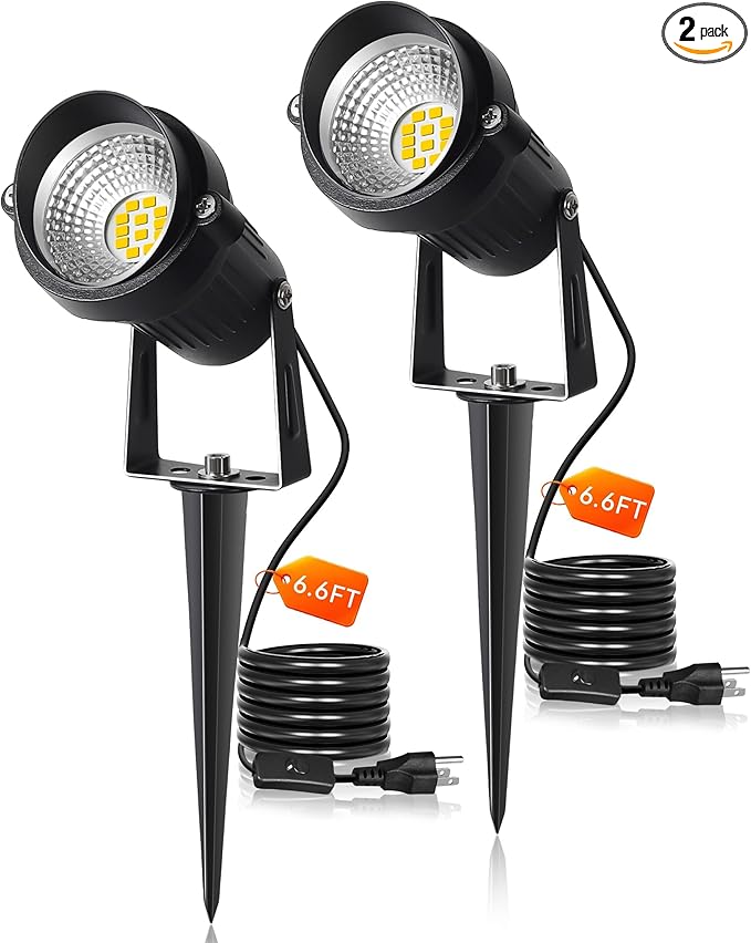 12W Landscape Lighting, IP66 Waterproof Spotlight with 6.6Ft Cable + Plug+ Switch, 3000K LED Landscape Lights for Yard Garden Tree House Halloween Christmas, 1400LM Landscape Warm White Light, 2 Pack
