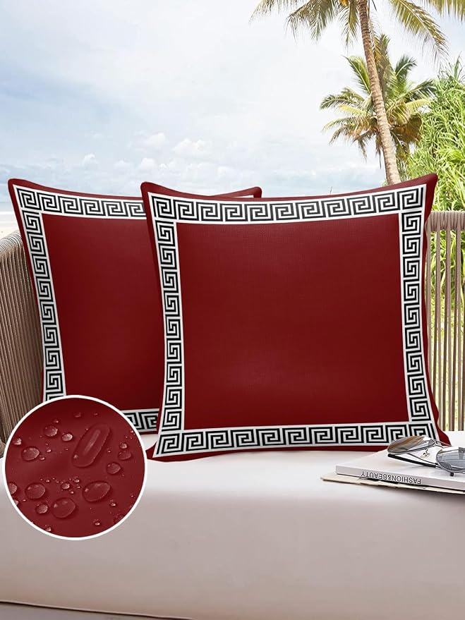 Prime Leader Outdoor Waterproof Pillow Covers Set of 2, Chinese Style Pattern Red Background Patio Throw Pillow Covers, Decorative Cushion Case for Couch Sofa Furniture Garden, 20x20 Inch