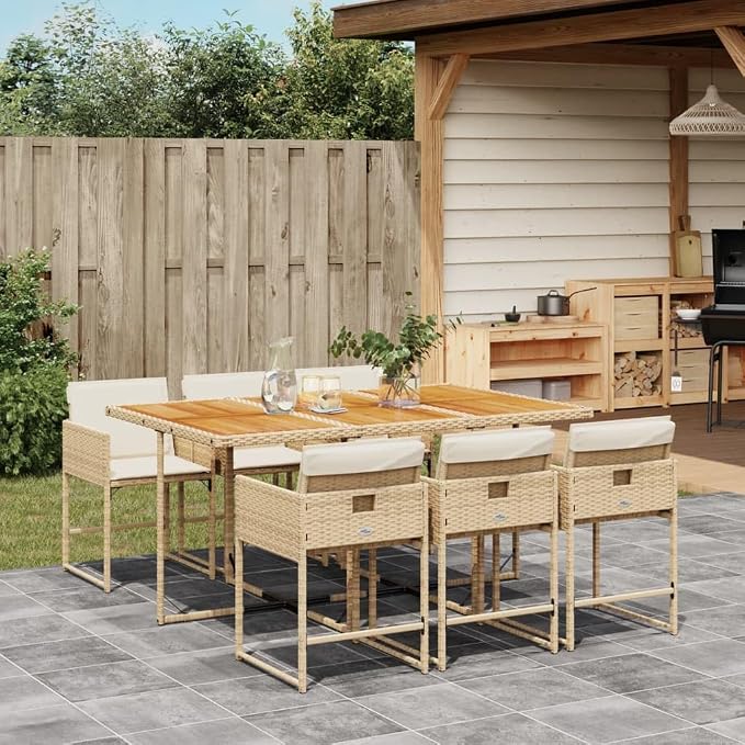7 Piece Patio Dining Set with Cushions Beige Poly Rattan Outdoor Table and 6 Chairs Foldable Space Saving for Garden Backyard Deck UV Proof Removable Cover