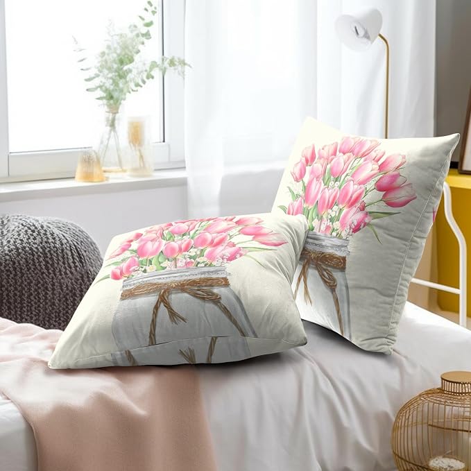 Pink Tulip Flower Pillow Covers 22x22 Inch Set of 2 Spring Pink Floral Mason Jar Seasonal Farmhouse Square Pillowcases Cushion Cover for Couch Patio Sofa Bed Decoration