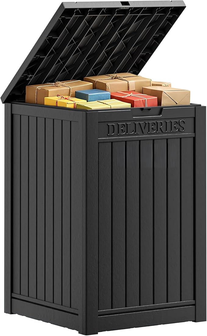 Package Delivery Box, Lockable Resin Outdoor Package, Waterproof Deck Box for Porches, Patios, Indoor & Outdoor Use (57 Gallon, Black)
