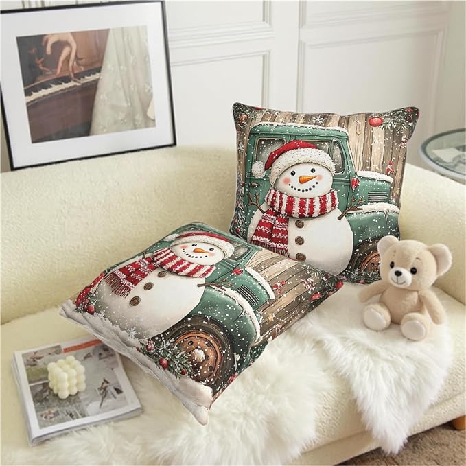 Christmas Snowman Pillow Covers 20x20 Set of 2 Green Xmas Truck Throw Pillow Covers Wooden Pattern Background Pillowcase Winter Holiday Cushion Case for Living Room Sofa Couch
