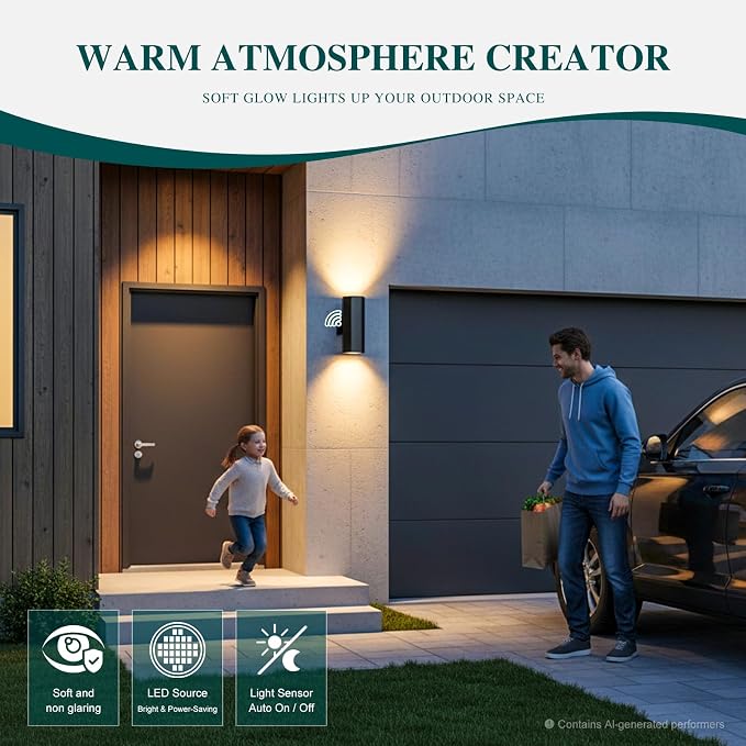 1 Pack Dusk to Dawn LED Outdoor Wall Lights, 3000K Warm White porch light | ETL Certified Matte Black Aluminum Wall Sconce, IP65 Waterproof Exterior Light Fixture for Front Porch, Garage, Patio, House