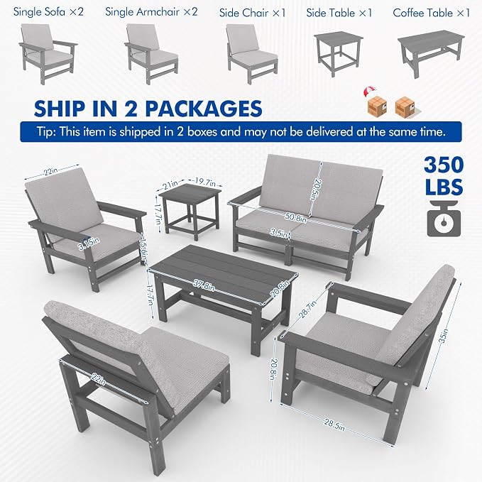 4-Piece HDPE Patio Furniture Set, All-Weather Outdoor Sectional Sofa Set with Coffee Table & Cushions - Wood-Like Composite Conversation Couch for Deck, Lawn, Balcony - Grey Frame