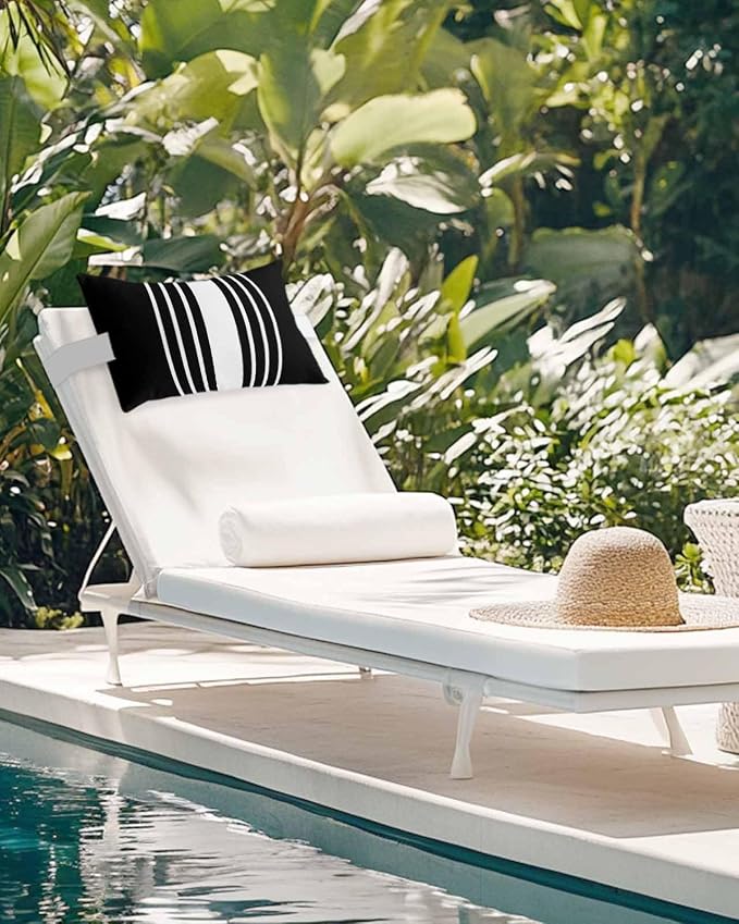 Chaise Lounge Chair Pillow with Strap & Insert Black Stripes Outdoor Recliner Head Pillow Pack of 2 Classic Striped Waterproof Headrest Patio Lumbar Pillow for Beach Pool Office Chair 11x16 Inch