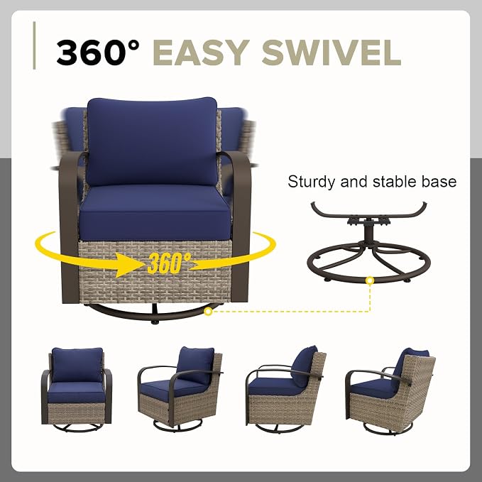 COOS BAY Aurora Terrace 7 Piece Outdoor Sectional Furniture Set, Half Moon Rattan Wicker Conversation Set with Swivel Chairs, 4 Seat Sofa, Coffee & Side Table for Patio Garden Yard, Beige/Blue