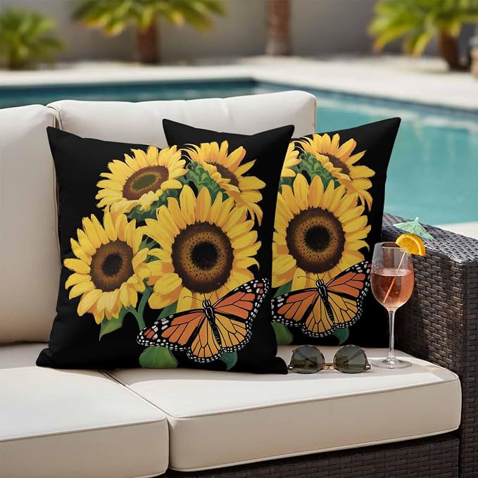 Outdoor Waterproof Throw Pillow Covers Set of 2 Watercolor Sunflower Pillowcases 20x20 Inches Summer Floral Butterfly Decorative Pillows Cushion Case Patio Pillows for Couch Bed Chair Garden