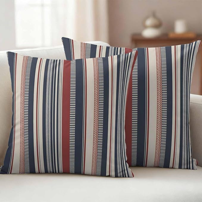 Red Blue Beige Outdoor Pillow Covers 20x20 Inch Throw Pillow Covers Set of 2 Waterproof Decorative Pillow Cases Boho Retro Colorful Abstract Striped Cushion Covers for Patio Furniture Garden Couch