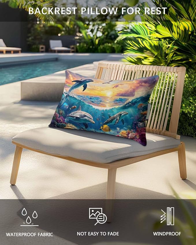 Pack of 2 Outdoor Lumbar Cushions with Inserts, Summer Ocean Dolphin Fish Animal Photography Waterproof Fluffy Fade Body Pillows, Patio Furniture Pillow for Home Balcony Garden Decor 12x20IN