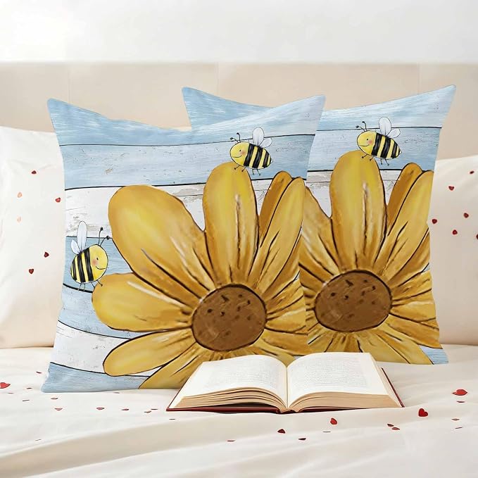 Daisy Flower Honeybees Outdoor Pillow Covers Set of 2 Yellow Farmhouse Floral Blue Wood Grain Waterproof Throw Pillow Cover Decorative Cushion Cases for Patio Porch Garden 24X24 Inch