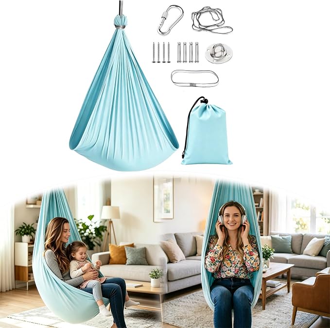Hammock Without Stand, Double Layer Cuddle Hammock Swing, Adjustable Aerial Yoga Swing with Full Hardware Kit, 360° Swivel, Holds Up to 300lbs for Adults (Light Blue)