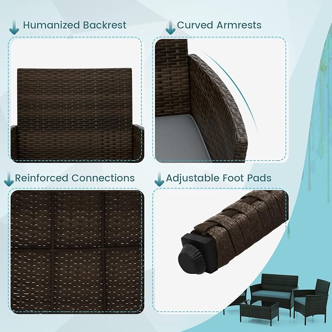 HAPPYGRILL 4 Pieces Outdoor Rattan Conversation Set, Patio Wicker Furniture Set with Loveseat Chairs & Tempered Glass Coffee Table, Outside Sectional Sofa Set for Backyard Garden Poolside