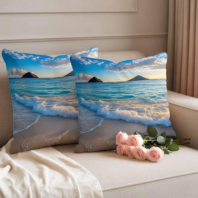 Ocean Waterproof Outdoor Pillow Covers Set of 2 Home Decor, Blue Sky Mountain Sandy Beach Sea Scenery Pillowcase Patio Pillow Covers for Couch Bench Furniture Garden 16x16in