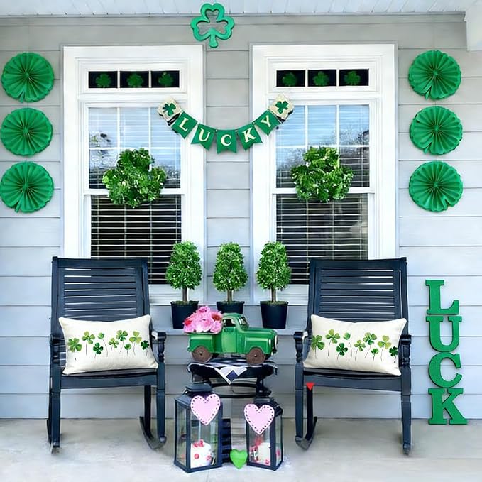 RABUSOFA St Patricks Day Clovers Pillow Covers 12x20 Inch Waterproof for Outside, Shamrock White Outdoor Farmhouse Indoor Spring Lumbar Cushion Cases Decoration for Sofa Couch (White, 12" x 20")