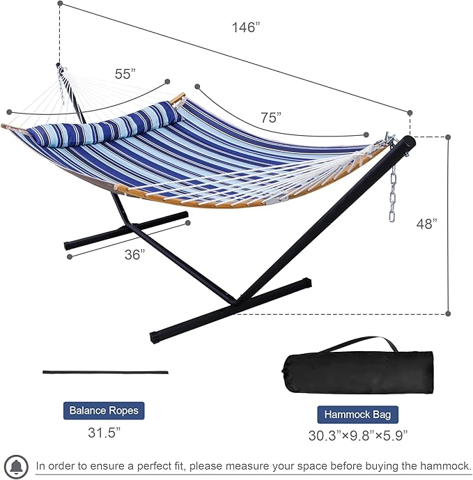 12 Ft Hammock with Stand for Outside, 2 Person Hammock Freestanding with Curved Spreader Bars, Pillow and Portable Bag, Heavy Duty 450 Lbs, Blue Stripes