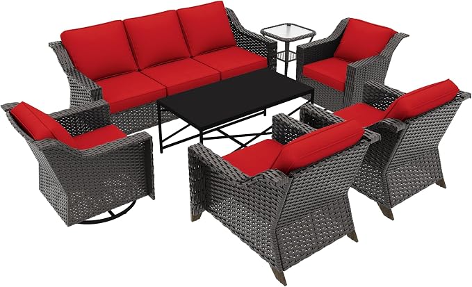 7 Pieces Outdoor Conversation Furniture Set - 77" Patio Sofa, 2 Armchairs, 2 Swivel Glider Chairs, 1 Side Table, 1 Metal Table, Patio Wicker Couch with Washable Cushions for Porch (Red)