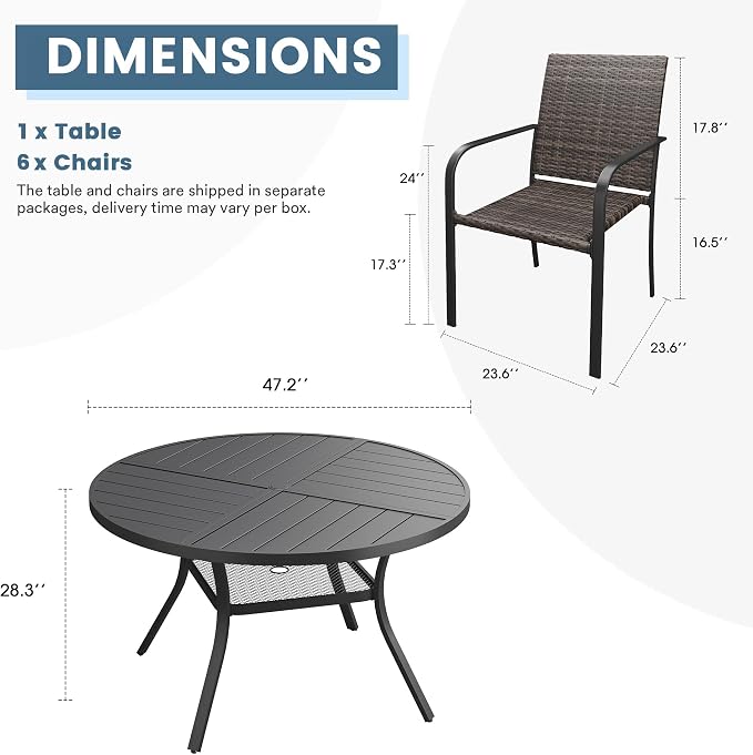 DIFY 7 Piece Outdoor Dining Set for 6, 47.2" Black Round Metal Dining Table with Umbrella Hole and Stackable Wicker Patio Chairs, All-Weather Patio Table and Chairs Set for Deck Garden Backyard