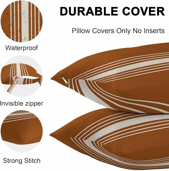 Vandarllin Outdoor Throw Pillows Covers 26x26 inch Set of 2 Waterproof Burnt Orange Vertical Stripes Decorative Zippered Cushion Covers for Patio Furniture, Classic Striped Linen Lumbar Pillowcases