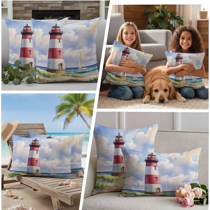 Beach Lighthouse Waterproof Outdoor Pillow Covers Set of 2 Home Decor, Coastal Ocean Ship Sky Oil Painting Pillowcase Patio Pillow Covers for Couch Bench Furniture Garden 20x12in