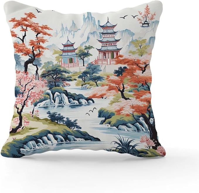 Cushion Cases Chinoiserie Pagoda White Coral Blue Throw Pillow Covers Retro Chinoiserie Chic Asian Pillow Cover Accent Modern Decorative Pillow Covers for Couch Tent Park 22x22 in