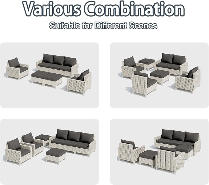 Outdoor Patio Furniture Set 14-Piece Modular Wicker Sectional Sofa with Ottomans and Thick Cushions, Modern Rattan Outdoor Conversation Couch for Garden Backyard, Black
