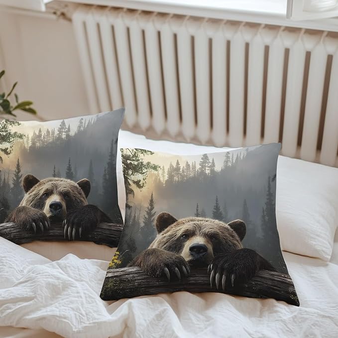 Bear Outdoor Pillow Covers 20"x20" Set of 2, Animal Wood Fence Forest Farmhouse Waterproof Throw Pillow Covers for Patio Furniture, Decorative Cushion Covers for Porch