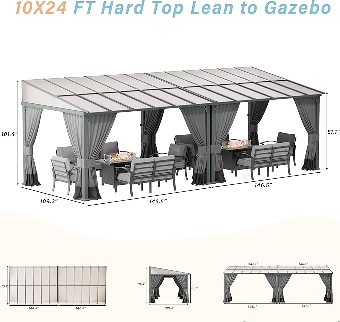10' x 24' Lean to Gazebo,Large Wall Mount Heavy Duty Gazebos Pavilion,Outdoor Hardtop Pergola Shelter with Curtains and Netting,Sunshade for Patio Garden Lawn Backyard Deck,Grey