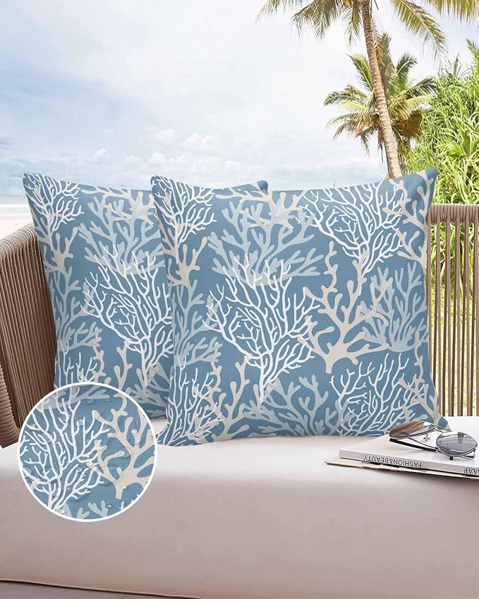 Outdoor Waterproof Throw Pillow Covers Set of 2 Teal Blue Coral Pillowcases 16x16 Inches Nautical Coastal Marine Life Patio Decorative Pillows Cushion Case Patio Pillows for Couch Bed Chair Garden
