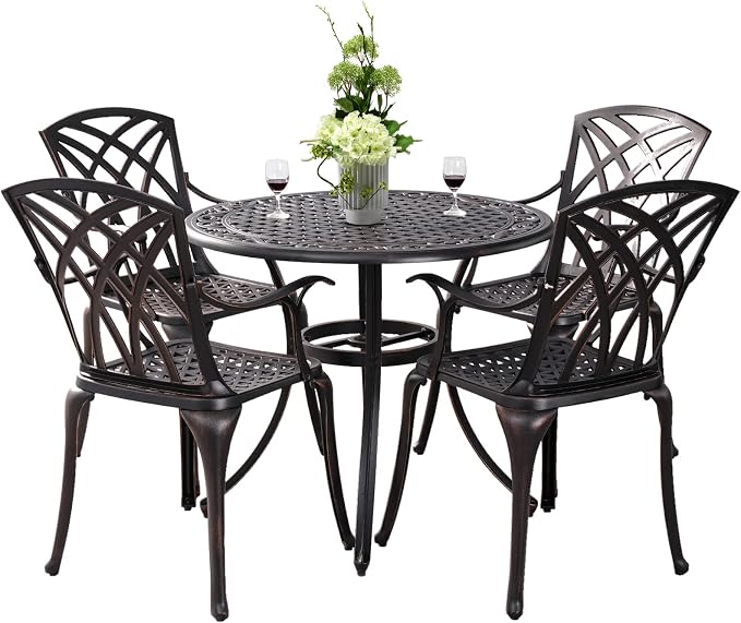 5 Pieces Outdoor Patio Dining Set, 36" Metal Outdoor Dining Set with 1.97" Umbrella Hole, Anti Rust Patio Furniture Set with 4 Chairs and Round Table for Garden, Porch and Poolside, Bronze