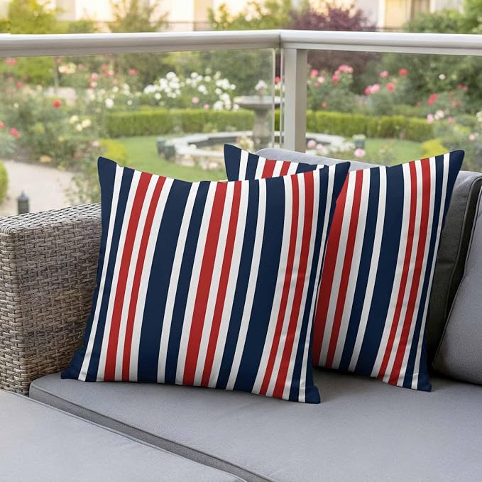 Waterproof Pillow Covers Set of 2,Patriotic Red White Blue Striped Outdoor Pillow Protectors with Zipper Pillowcases for Patio Tent Garden Beach 24x24 Inches Minimalist Geometric