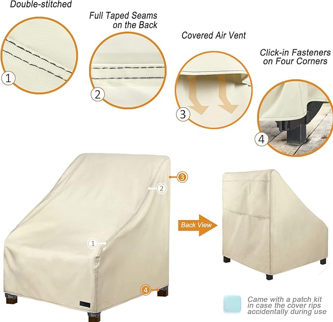 NettyPro Waterproof Patio Chair Covers 2 Pack, 600D Heavy Duty Outdoor Seat Cover, 26W x 28W x 28H inch, Beige