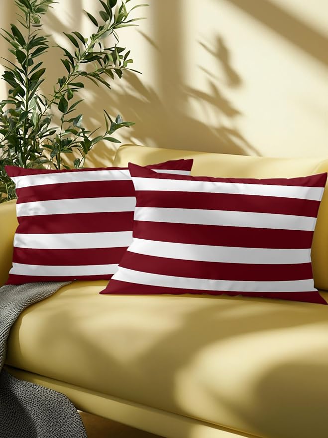 Waterproof Outdoor Pillow Set of 2 Burgundy Red Stripes Decorative Throw Pillows Cover & Insert 20x12 Inch Lumbar Pillowcase Classic Striped Lines Pillows for Couch Sofa Bed Patio Furniture