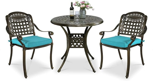 VIVIJASON 3-Piece Patio Bistro Set, All-Weather Cast Aluminum Outdoor Furniture Dining Sets Include 2 Cushioned Chairs and 31" Round Table w/Umbrella Hole for Balcony, Backyard, Ocean Blue Cushion