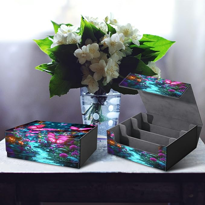 Large Card Deck Box for MTG, Fits 1200+ Sleeved Cards, PU Leather Storage Case with Strong Magnetic Closure, Multiple Colors for TCG CCG Baseball Card Collections, Pink Butterfly Forest