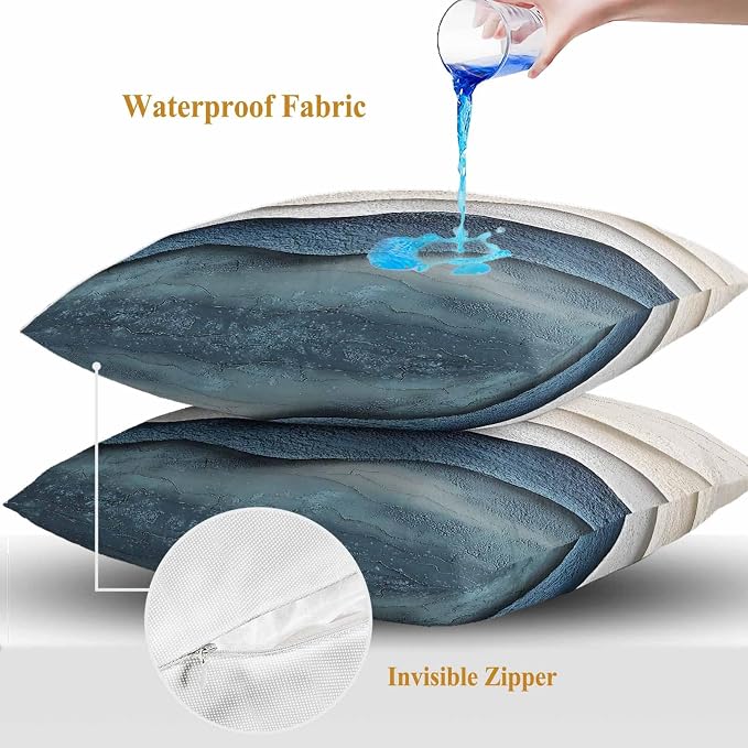 Abstract Waves Beach Art Outdoor Waterproof Throw Pillow Covers Set of 2, 20"x20", Blue Beige Oil Painting Style Decorative Pillow Covers Outside Cushion Case for Patio Porch Garden