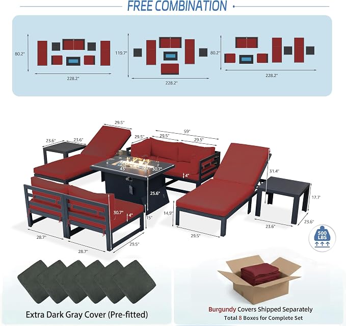 NICESOUL 9 Pcs Oversized Modern Aluminum Outdoor Patio Furniture Set with Chaise & Fire Pit Table, 29" Wide Deep Seat, All Weather Sectional Sofa, 500 lbs Sturdy Comfortable Deck Conversation Set, Red