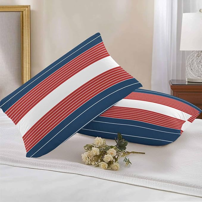 Navy Blue Red Stripe Outdoor Pillow Covers Waterproof, All Weather Cushion Case Set of 2, Modern Art Horizontal Striped Lumbar Pillowcase for Sofa Couch Bed Decor Patio Furniture 20"x12"